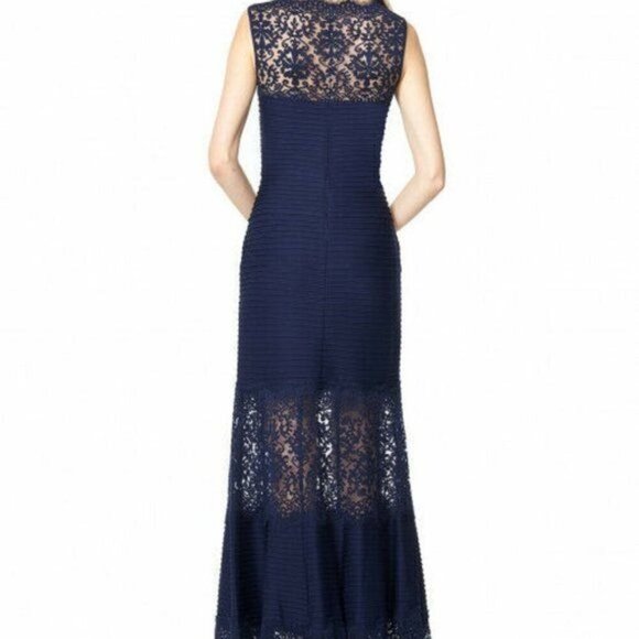 Tadashi Shoji Size L Pintuck Jersey Boatneck Gown Sheer Lace Maxi Dress - Picture 4 of 12